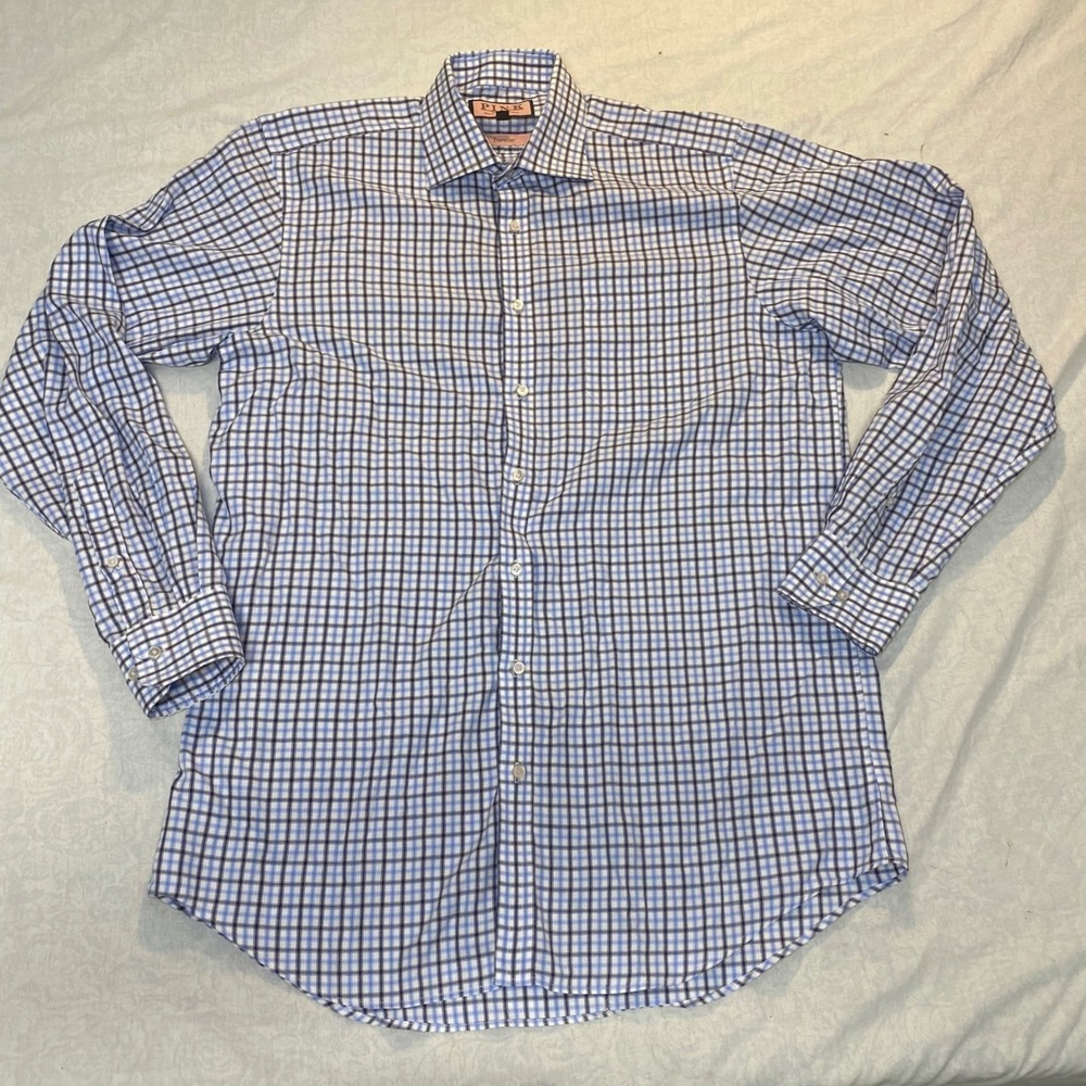Thomas Pink Traveller Men's 16 36.5 Blue Check Dress Shirt Long Sleeve